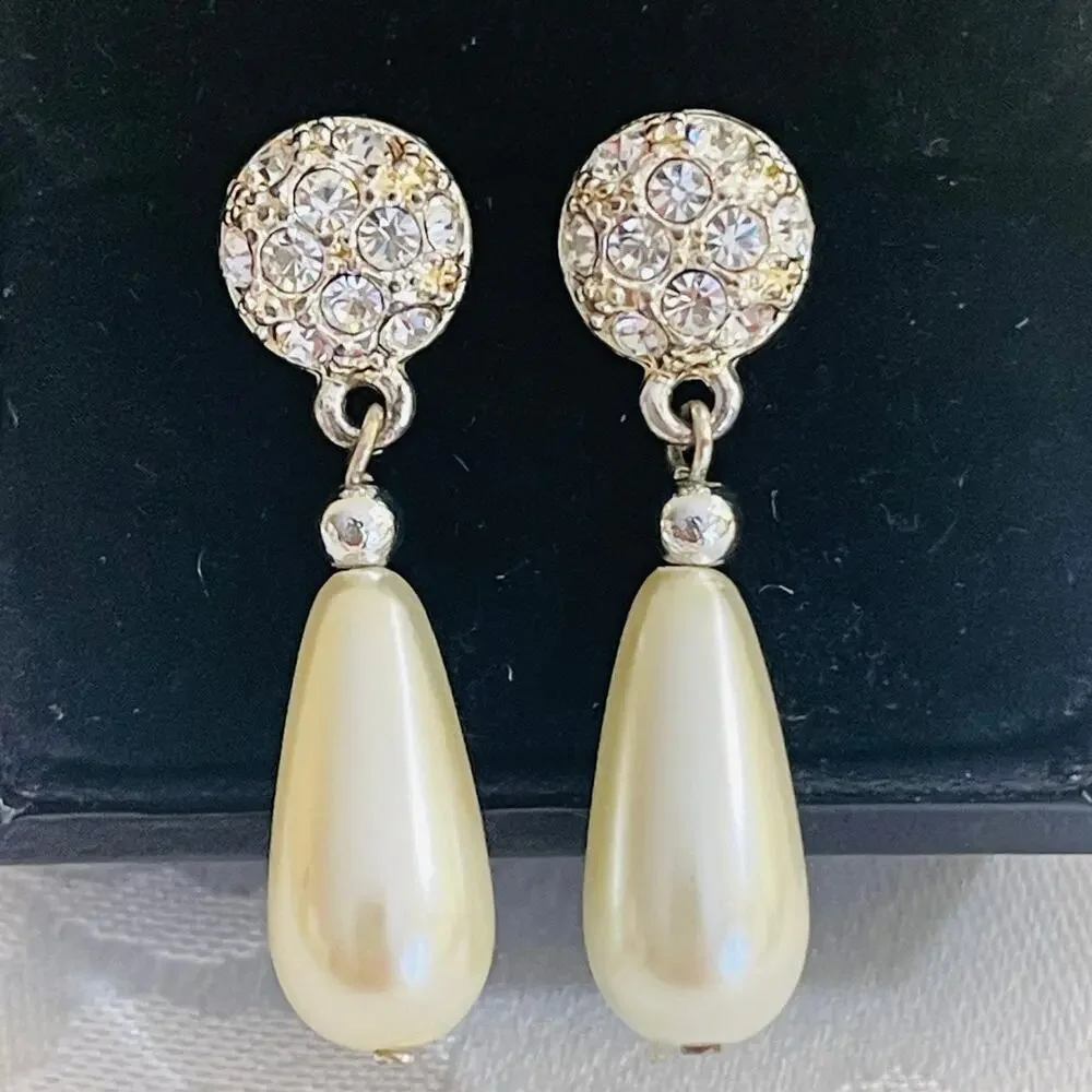 Vtg Rhinestone Faux Pearl Drop Dangling Earrings Bridal Formal Statement